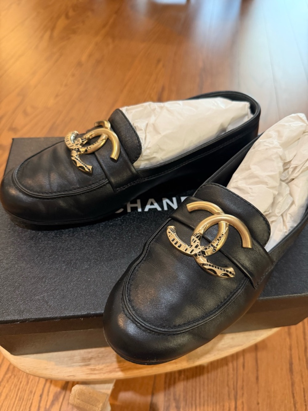 CHANEL Black  Leather Loafers with Gold CC Medallion . - Picture 8 of 12